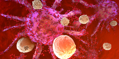 Illustration of T-cells surrounding and attacking a cancer cell