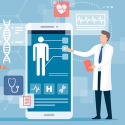 Illustration of a clinical lab professional pointing to a large screen with clinical trial data.