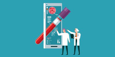 Illustration of clinical lab personnel and clinician discussing diagnosis results from a blood assay. 