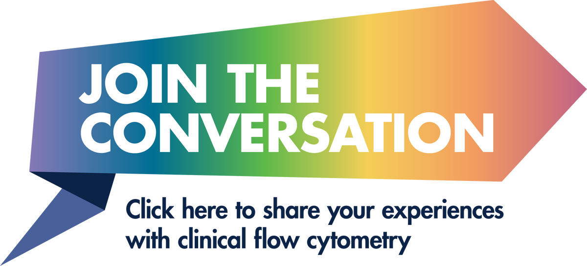 Logo reads, "Join the Conversation: Click here to share your experiences with clinical flow cytometry." Links to survey. Logo reads, "Join the Conversation: Click here to share your experiences with clinical flow cytometry." Links to survey.